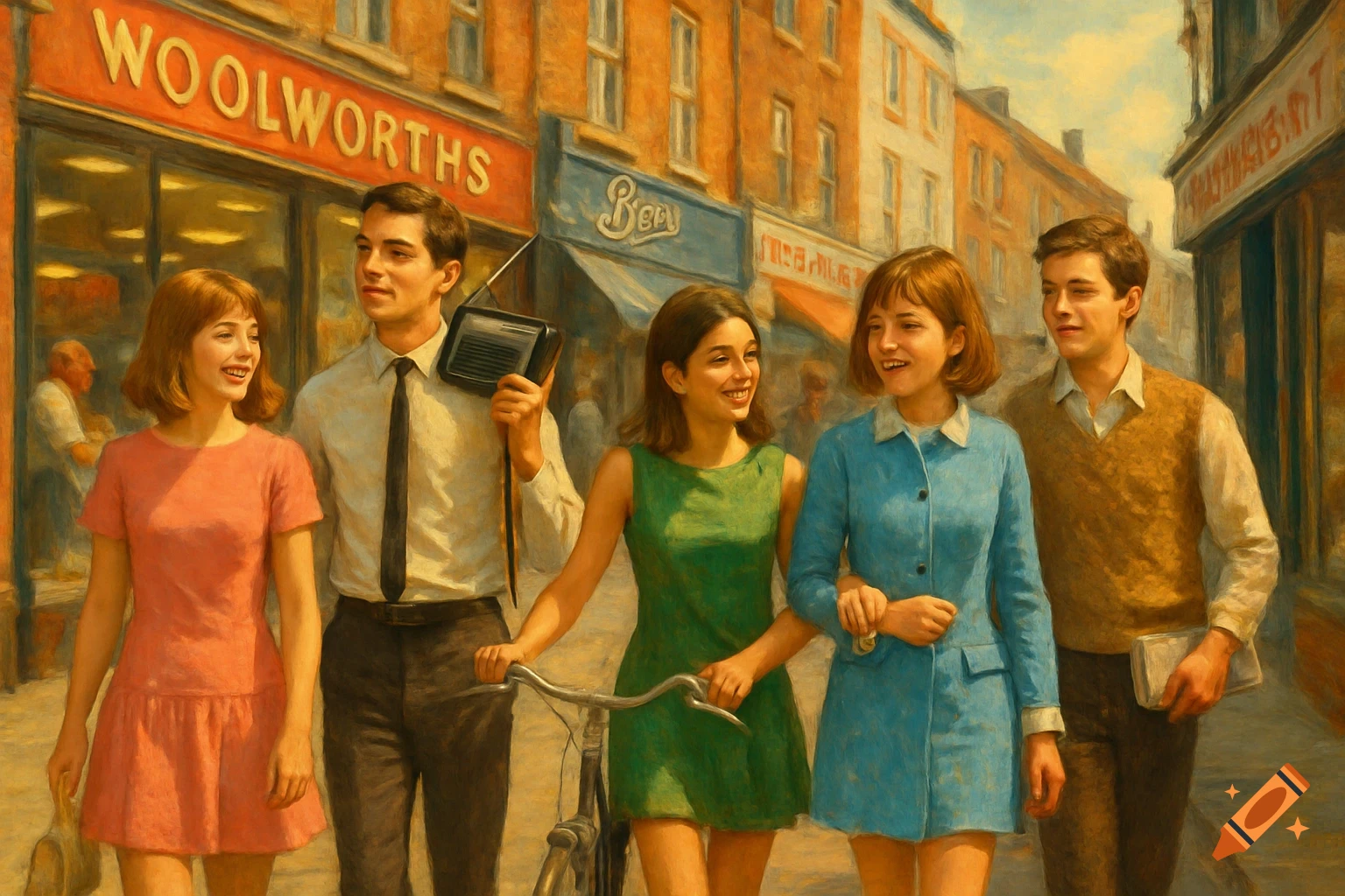 A group of young friends walk down a 1960s street lined with shops, in a painterly style.