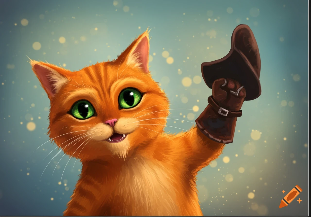 A cartoon orange cat with large green eyes and a smiling face, wearing a brown glove and holding a dark feathered hat.