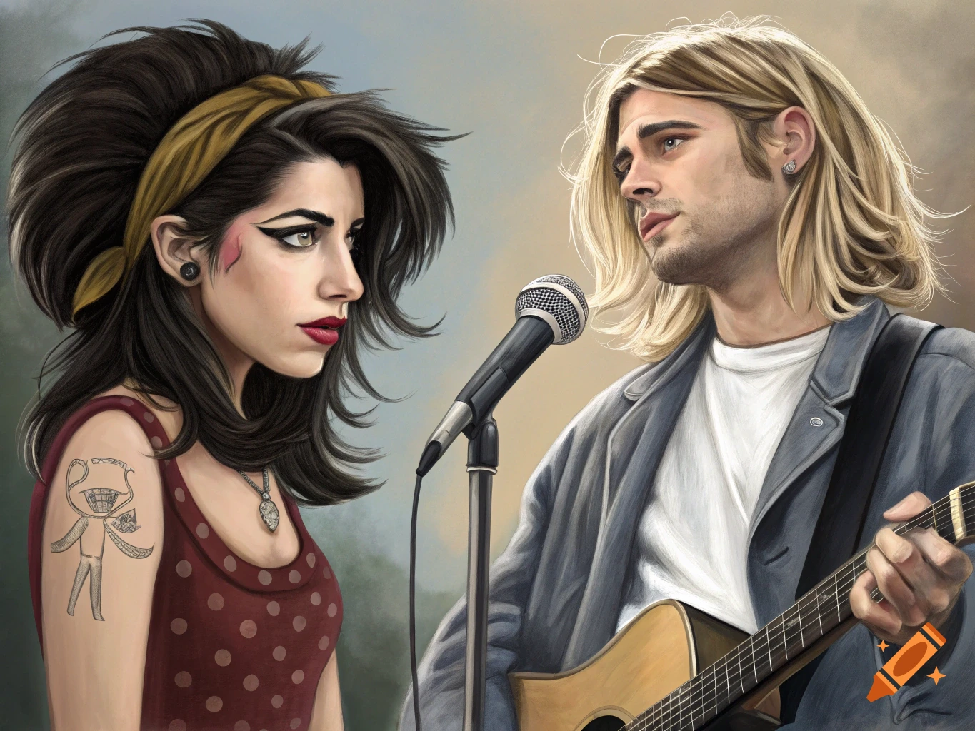 A painted portrait of Amy Winehouse and Kurt Cobain. Winehouse stands left of a microphone, Cobain stands right with an acoustic guitar.