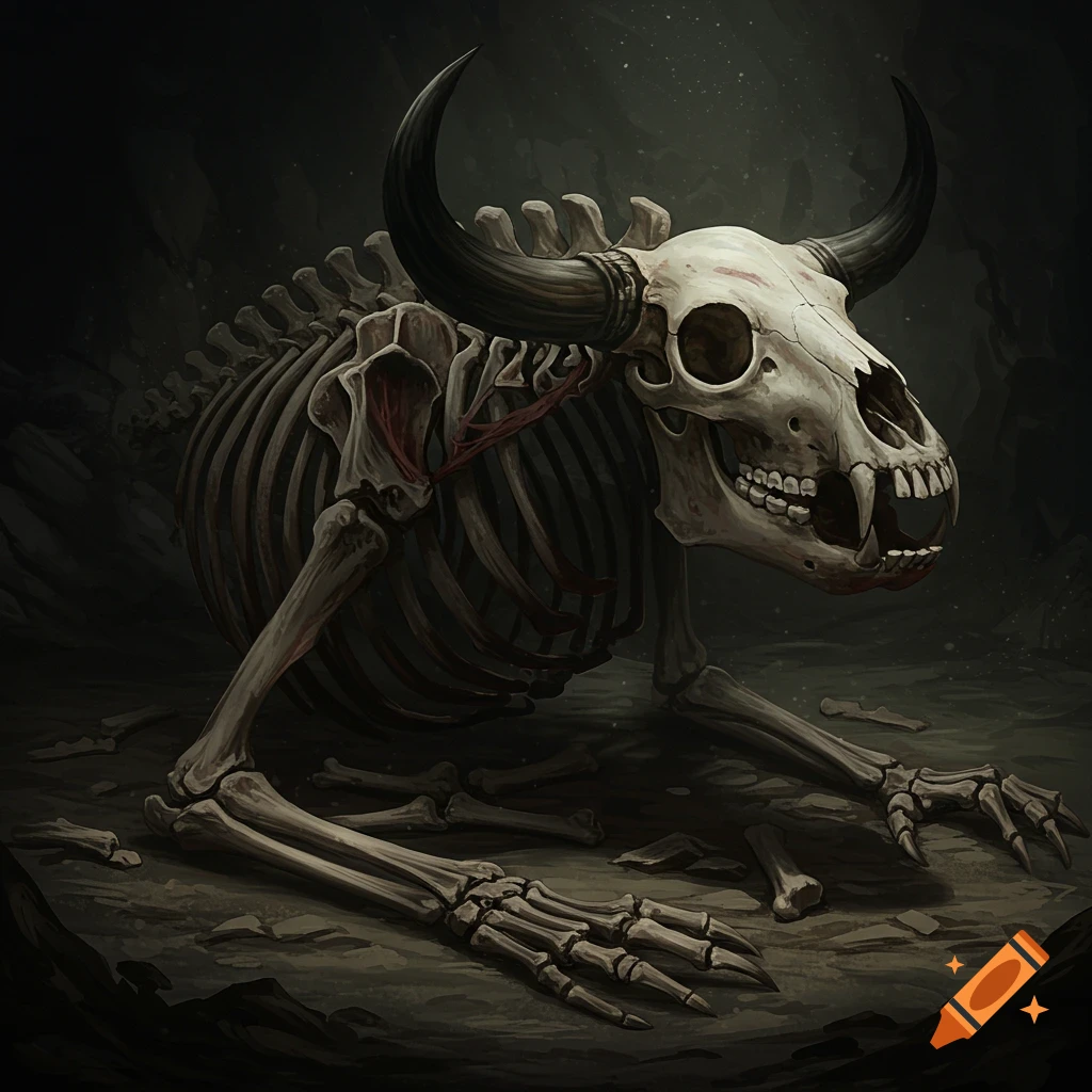 A detailed minotaur skeleton crouches on dark, earthy ground in a cavernous setting.