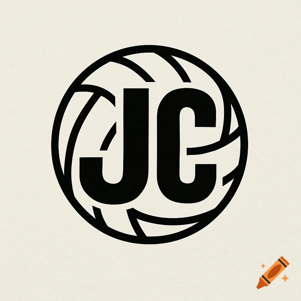 Black and white logo with the letters JC inside a volleyball design.