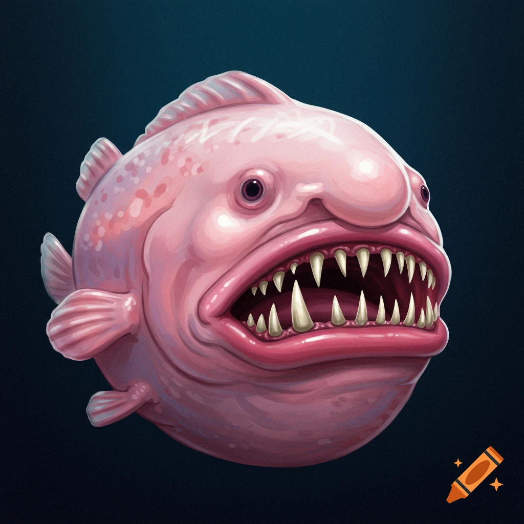 A pink, bulbous blobfish with large, sharp teeth floats against a dark blue background in a cartoon illustration style.