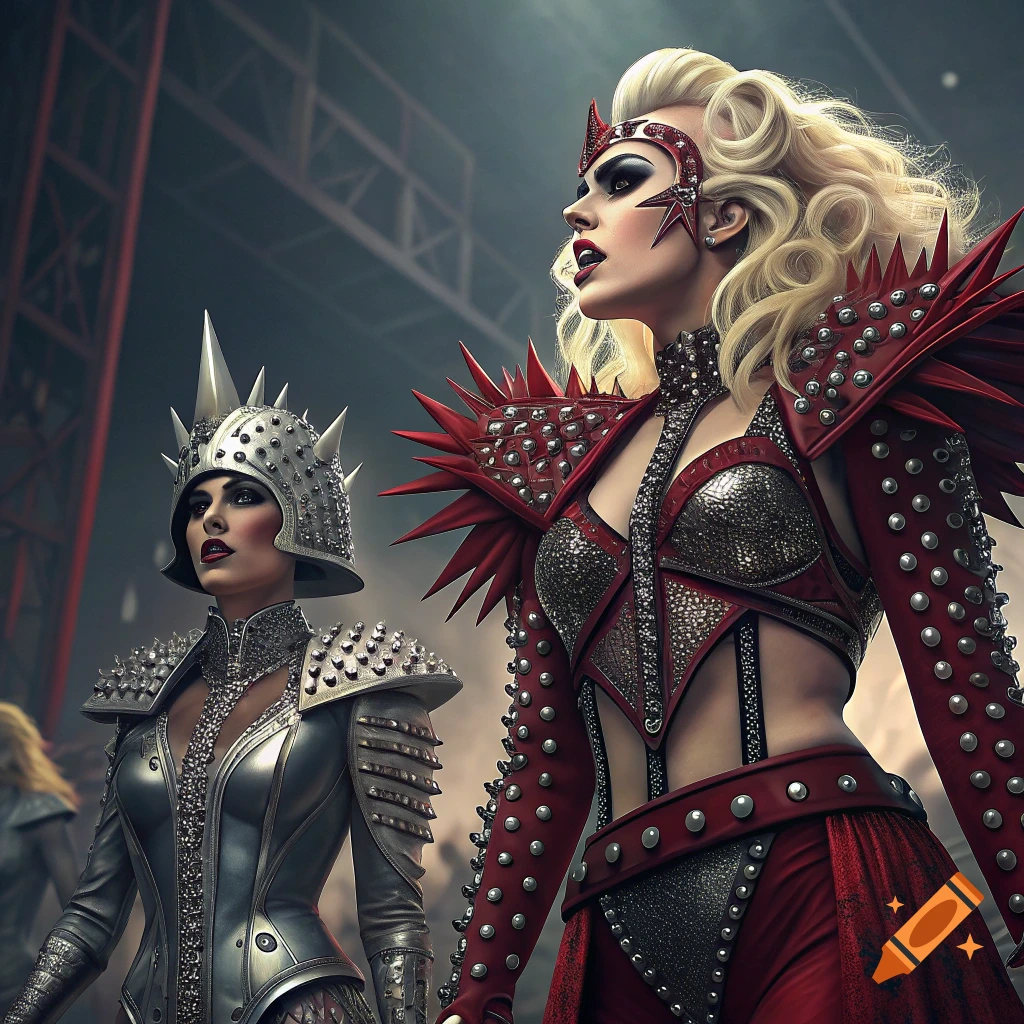 Two women in elaborate, spike-adorned, Lady Gaga-inspired costumes, one in red and one in silver.