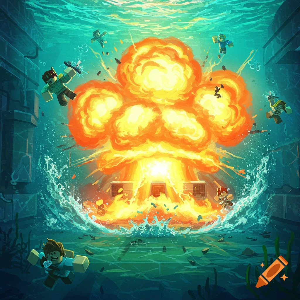 Roblox characters swim away from a large explosion underwater, with debris and water splashing around them in a ruined facility.