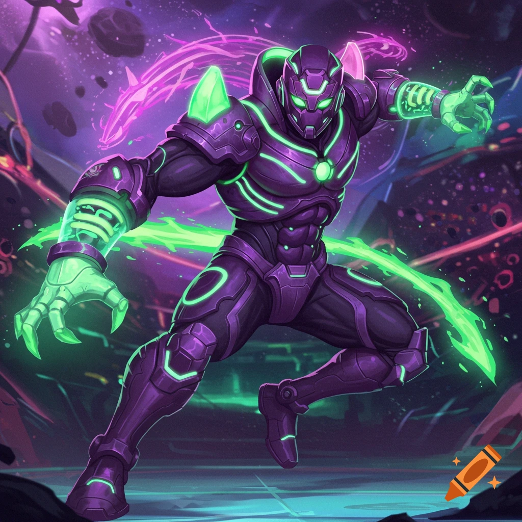 A purple armored character with glowing green highlights in a dynamic pose, set against a vibrant purple and green cosmic background.