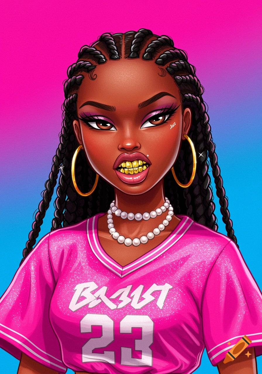 Stylized portrait of a Black woman with braids, grillz, pearl necklace, and a pink jersey, against a pink and blue background.