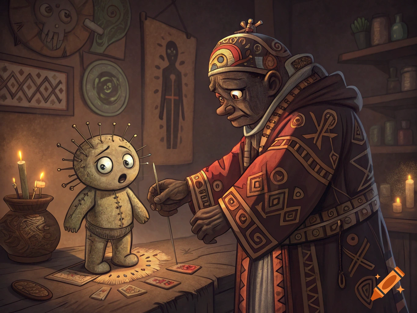 A cartoon witch doctor uses a pin on a frightened voodoo doll in a dimly lit, mystical room with candles.