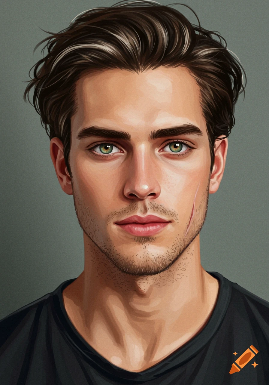 Digital art portrait of a man with green eyes, stubble, and a scar on his cheek, against a grey background.