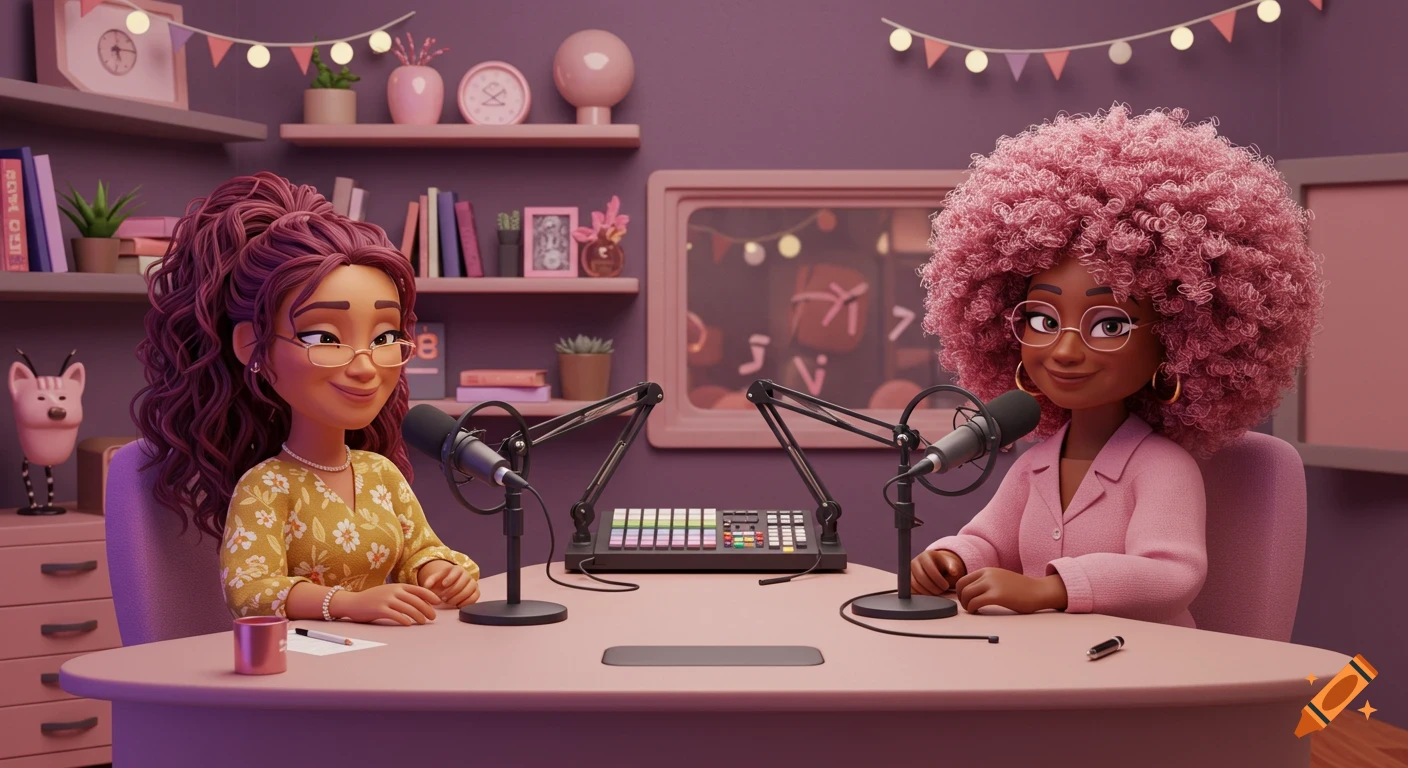 A 3D Pixar-style illustration of two women, one with long brown hair, one with a pink afro, at a podcast desk with microphones.
