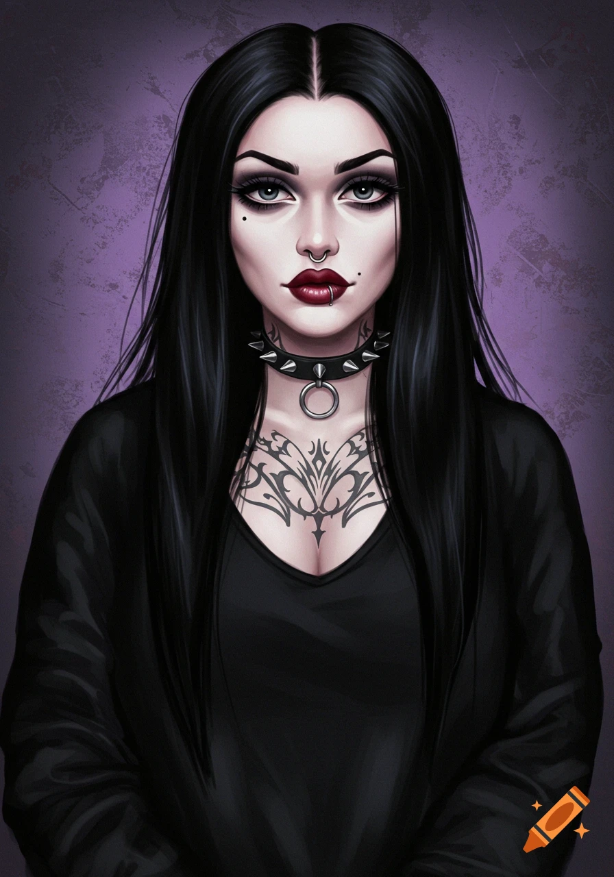 Digital illustration of a gothic woman with long black hair, heavy makeup, piercings, a spiked collar, and a chest tattoo, wearing a black v-neck shirt.