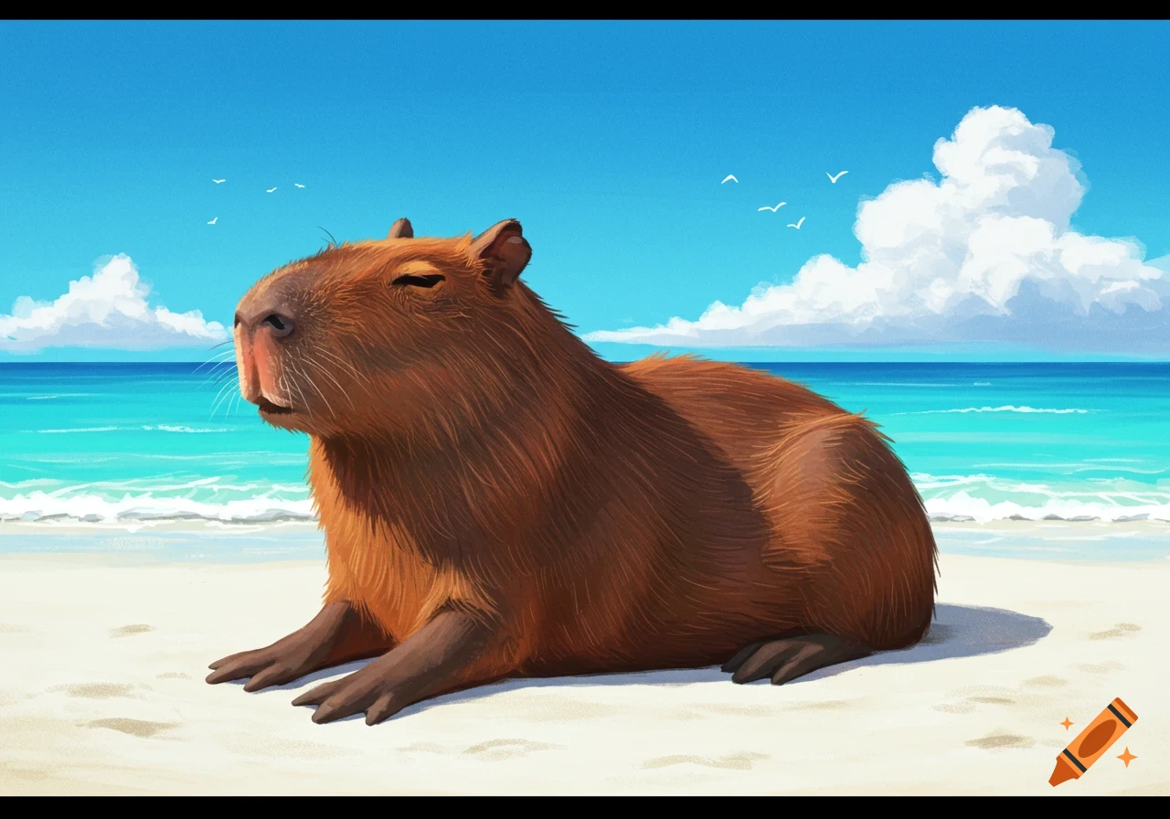 A brown capybara rests on a bright sandy beach beside a clear blue ocean with white waves under a bright blue sky.