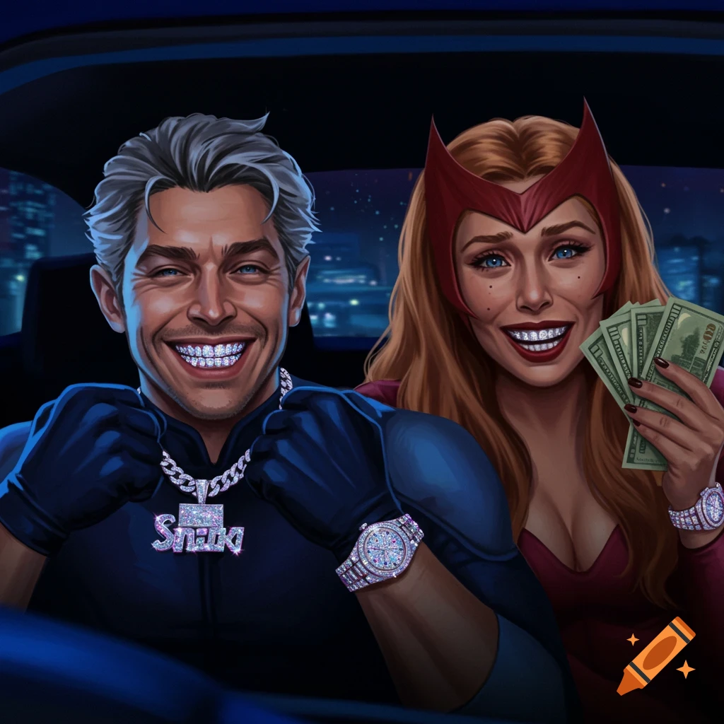 Quicksilver and Wanda Maximoff from Marvel comics smiling in a car at night, showing off diamond grillz, watches, and cash.