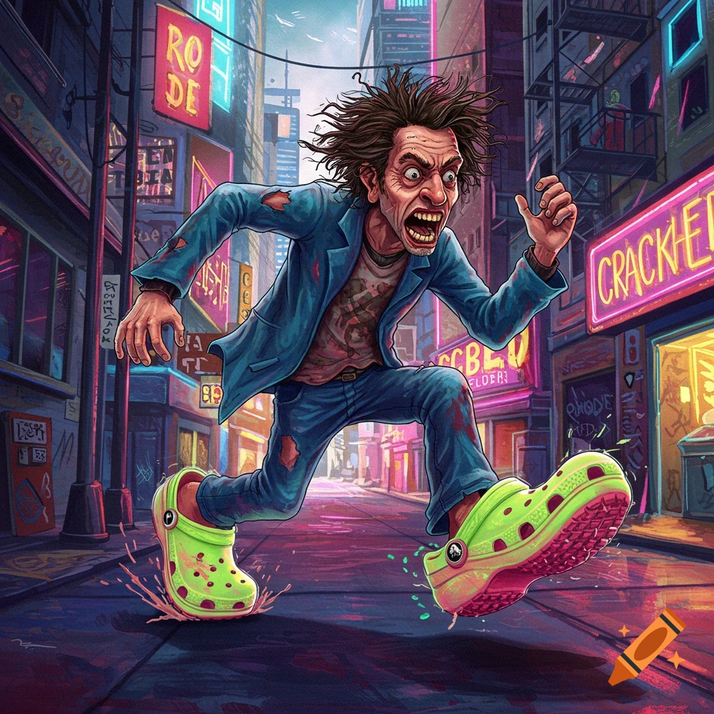 A grotesque, disheveled man with wild hair and a wide open mouth runs through a neon-lit city street, wearing bright green Crocs with pink soles. The style is exaggerated and cartoonish.