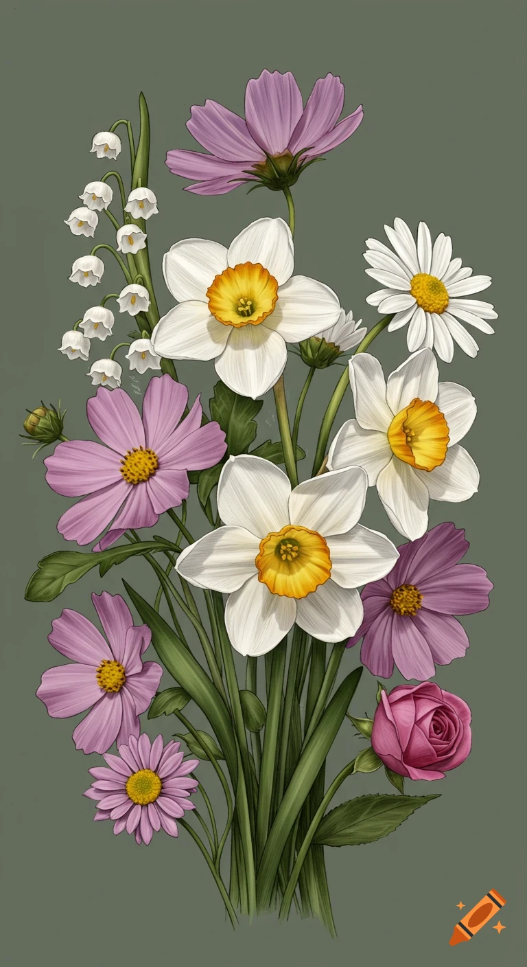 Vibrant illustration of a floral bouquet with lilies, daffodils, cosmos, daisies, and a rose on a muted green background.