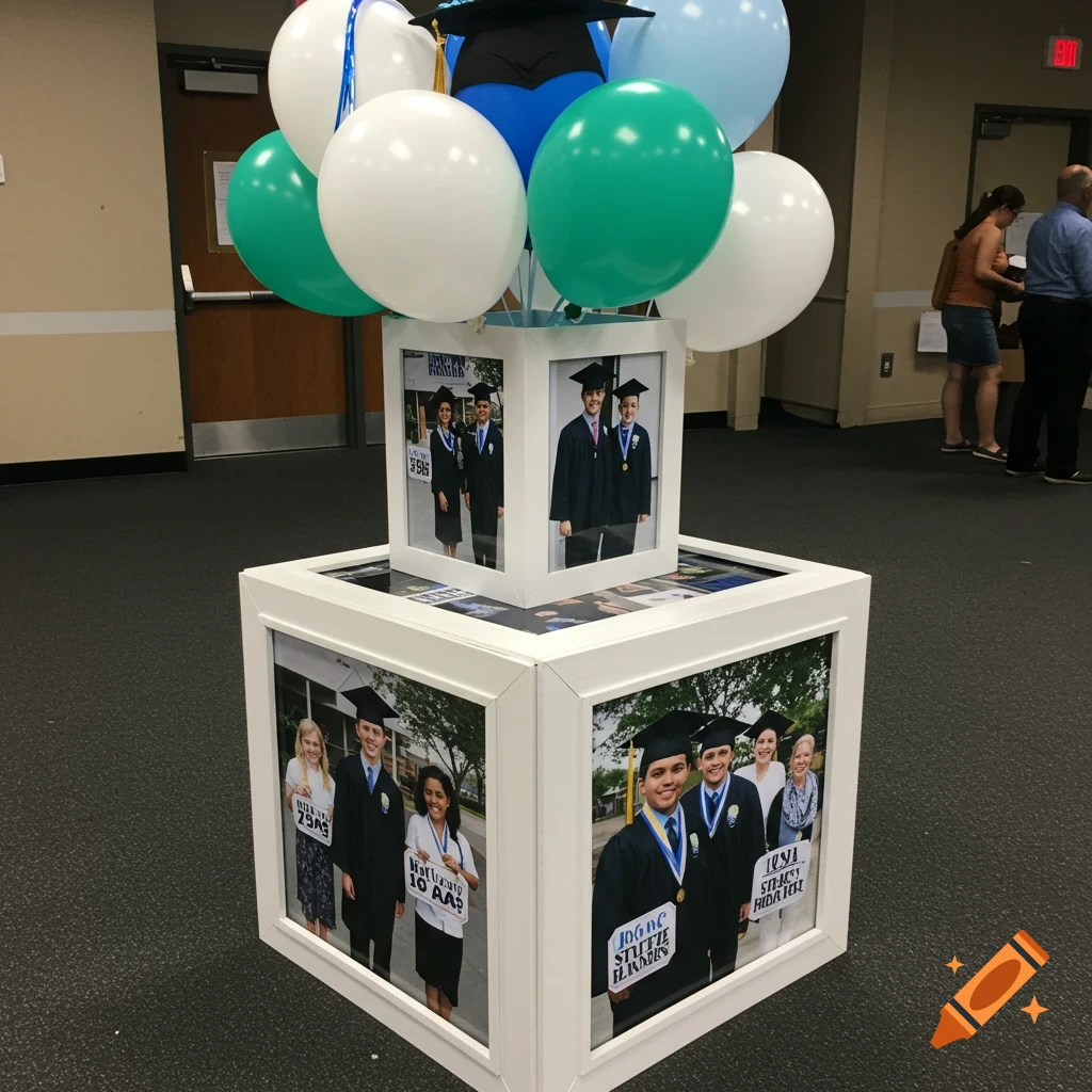 A graduation centerpiece made of white boxes with photos of graduates, topped with a graduation cap and blue, green, and white balloons.