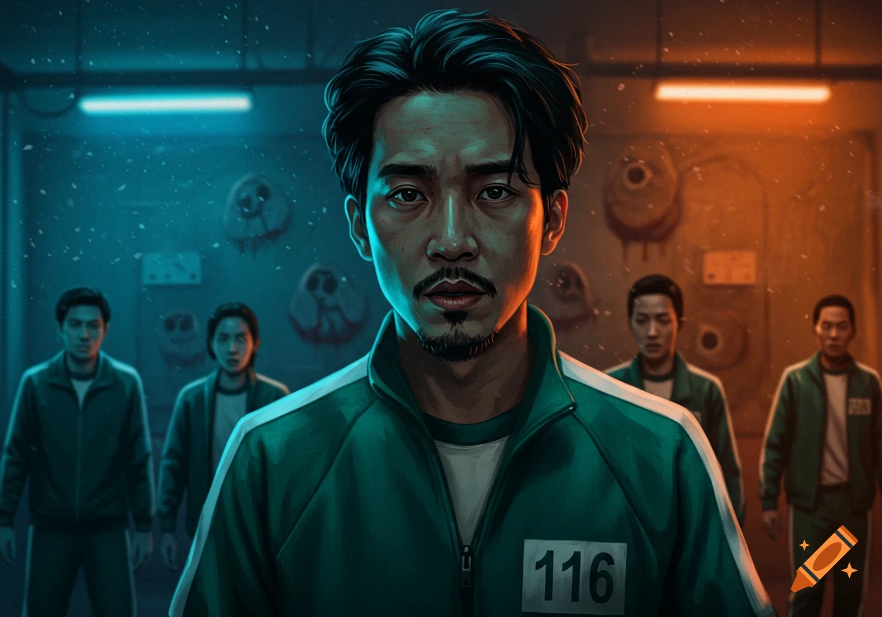 A man with a goatee in a green tracksuit with the number 116 on it stares intensely, with other people in similar tracksuits in the background in a dark, gritty room with blue and orange lighting.