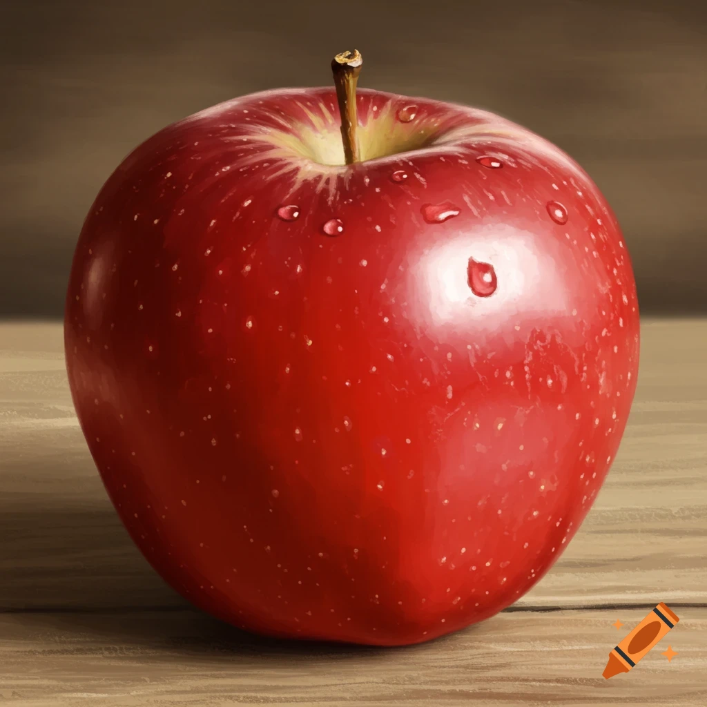 A single, bright red apple with water droplets on its shiny skin, resting on a wooden surface.