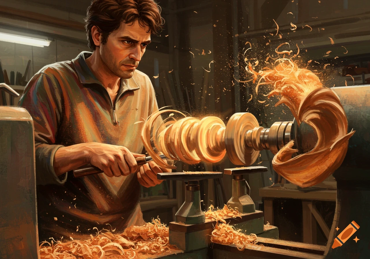 A man intently carving wood on a lathe, with wood shavings flying and accumulating around the machine.