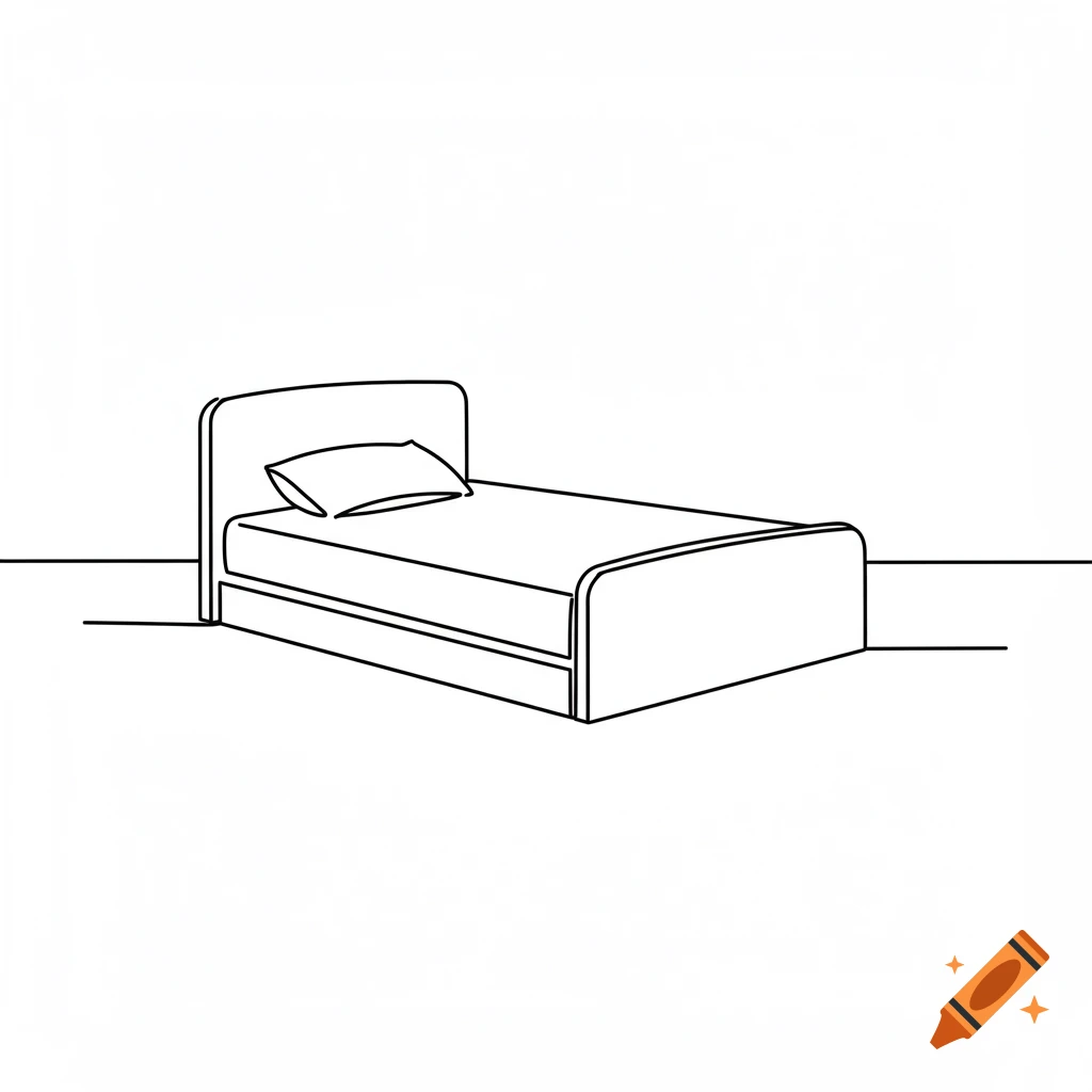 A simple line drawing of a bed with a pillow on a white background.