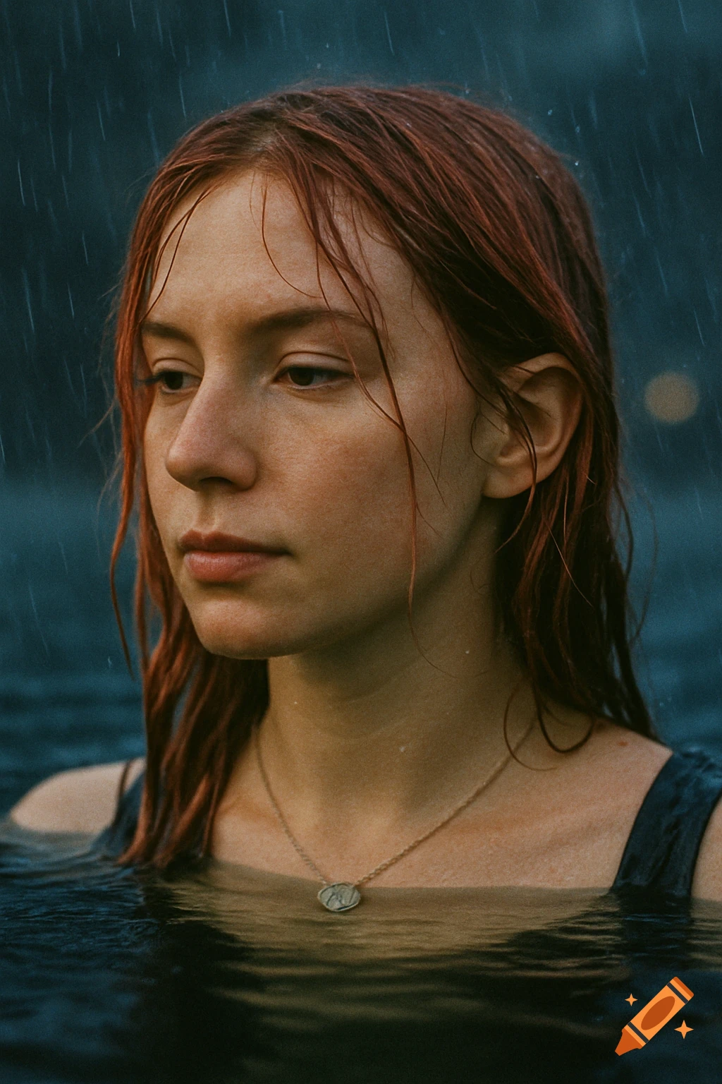 Close-up portrait of a woman with wet red hair in the rain, standing in water up to her shoulders, wearing a necklace.