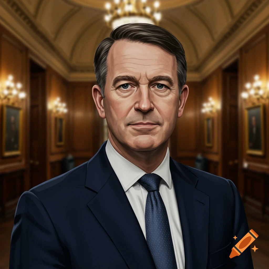 Portrait of a middle-aged man in a dark suit and tie in a grand, wood-paneled room.