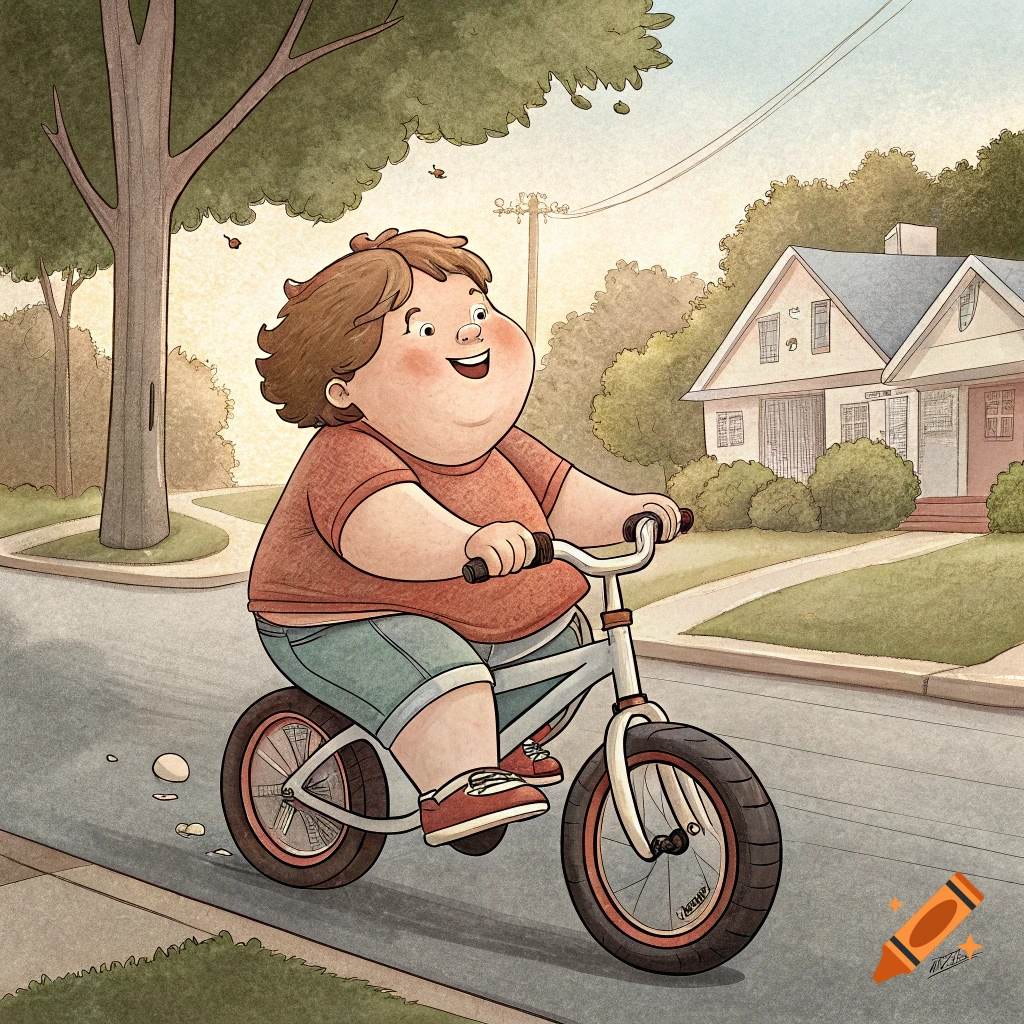 A cheerfully plump cartoon boy rides a bicycle down a suburban street on a sunny day.