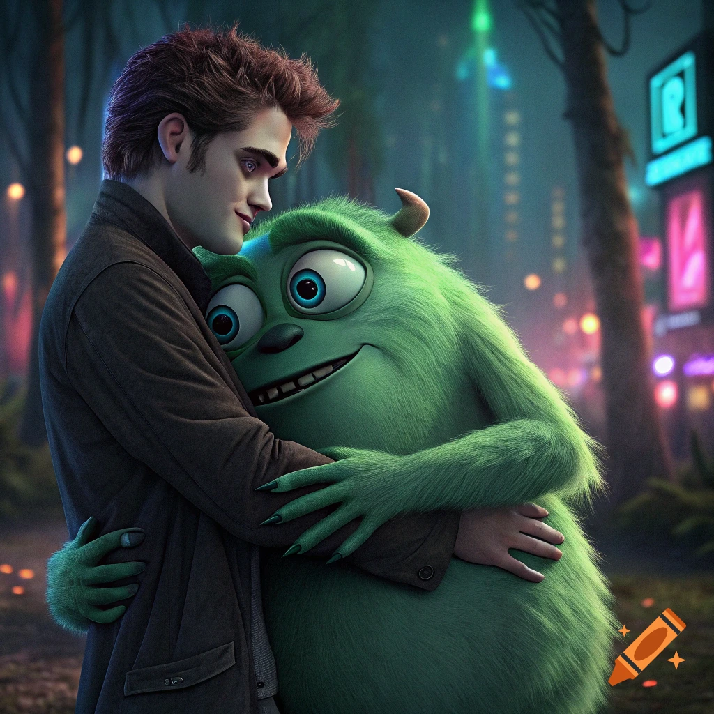 Edward Cullen from Twilight hugs Mike Wazowski from Monsters Inc. in a nighttime city scene.