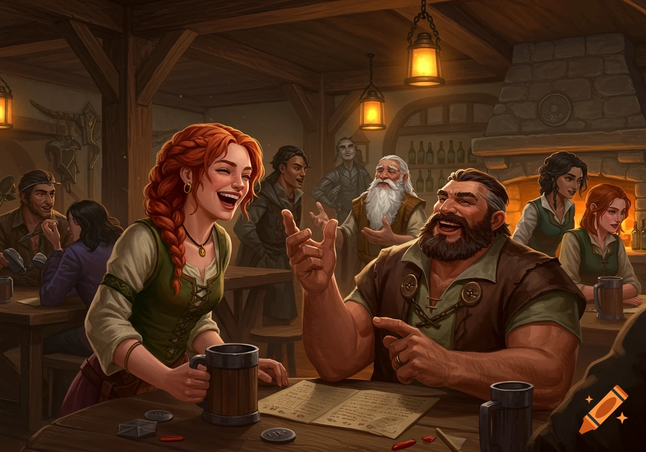 An illustration of a group of people laughing and socializing inside a cozy, warmly lit fantasy tavern.