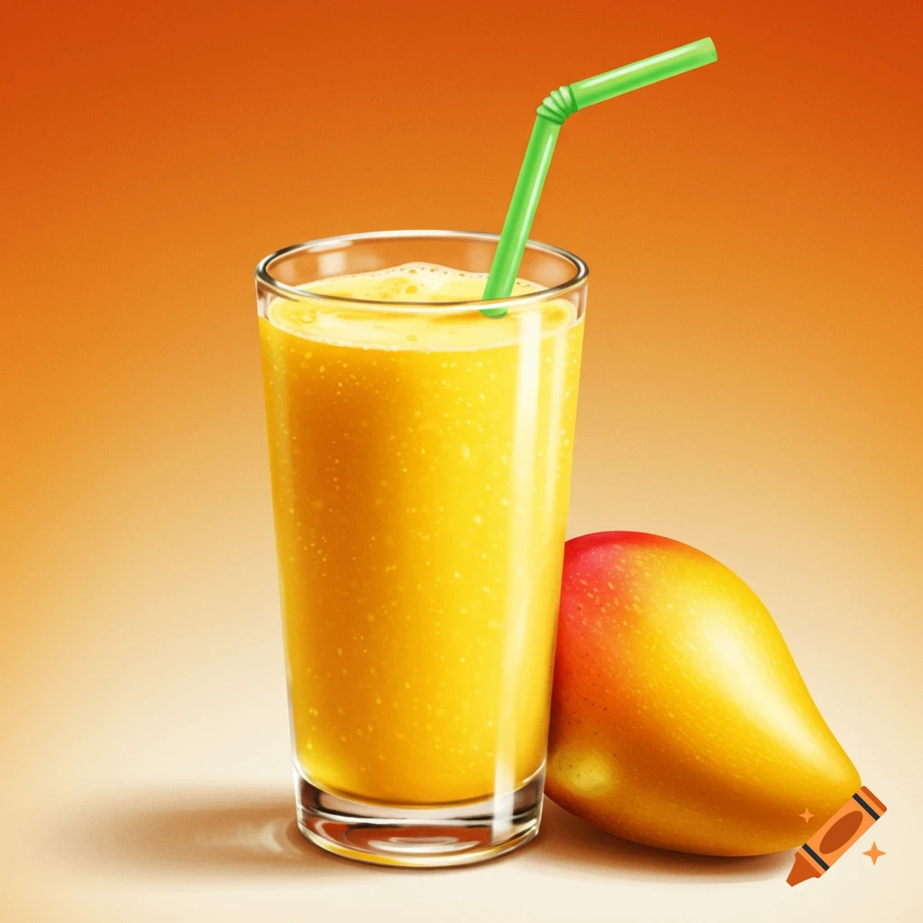 A glass of mango lassi with a green straw next to a ripe mango on an orange background.