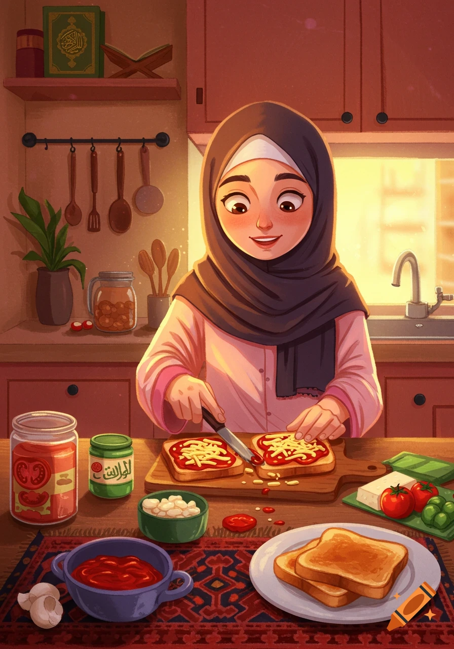 Illustrated scene of a smiling Muslim girl in a kitchen, preparing pizza toast.