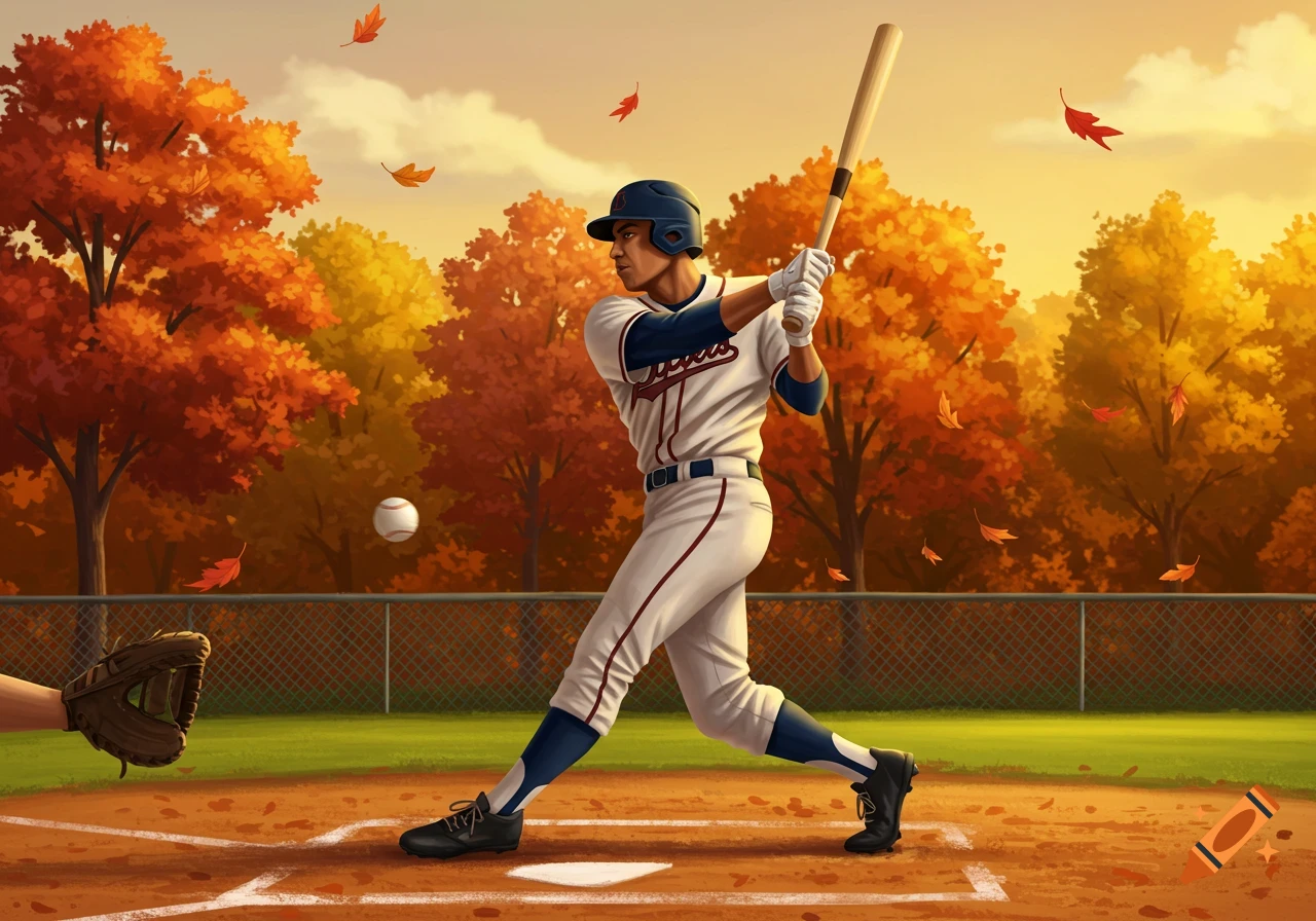 A baseball player in a white uniform swings a bat on a field, with autumn trees and falling leaves in the background under a warm sky.