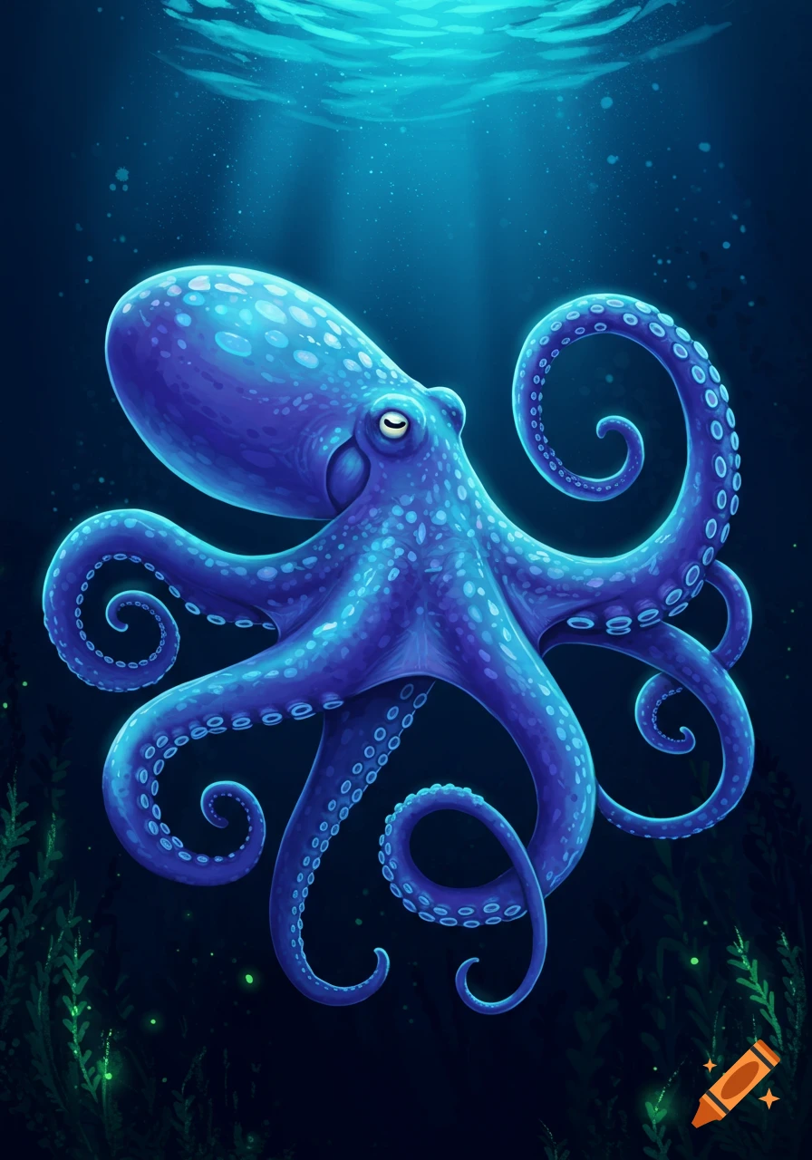 A vibrant blue and purple octopus with prominent suction cups swims in dark blue water, light rays shining from above.