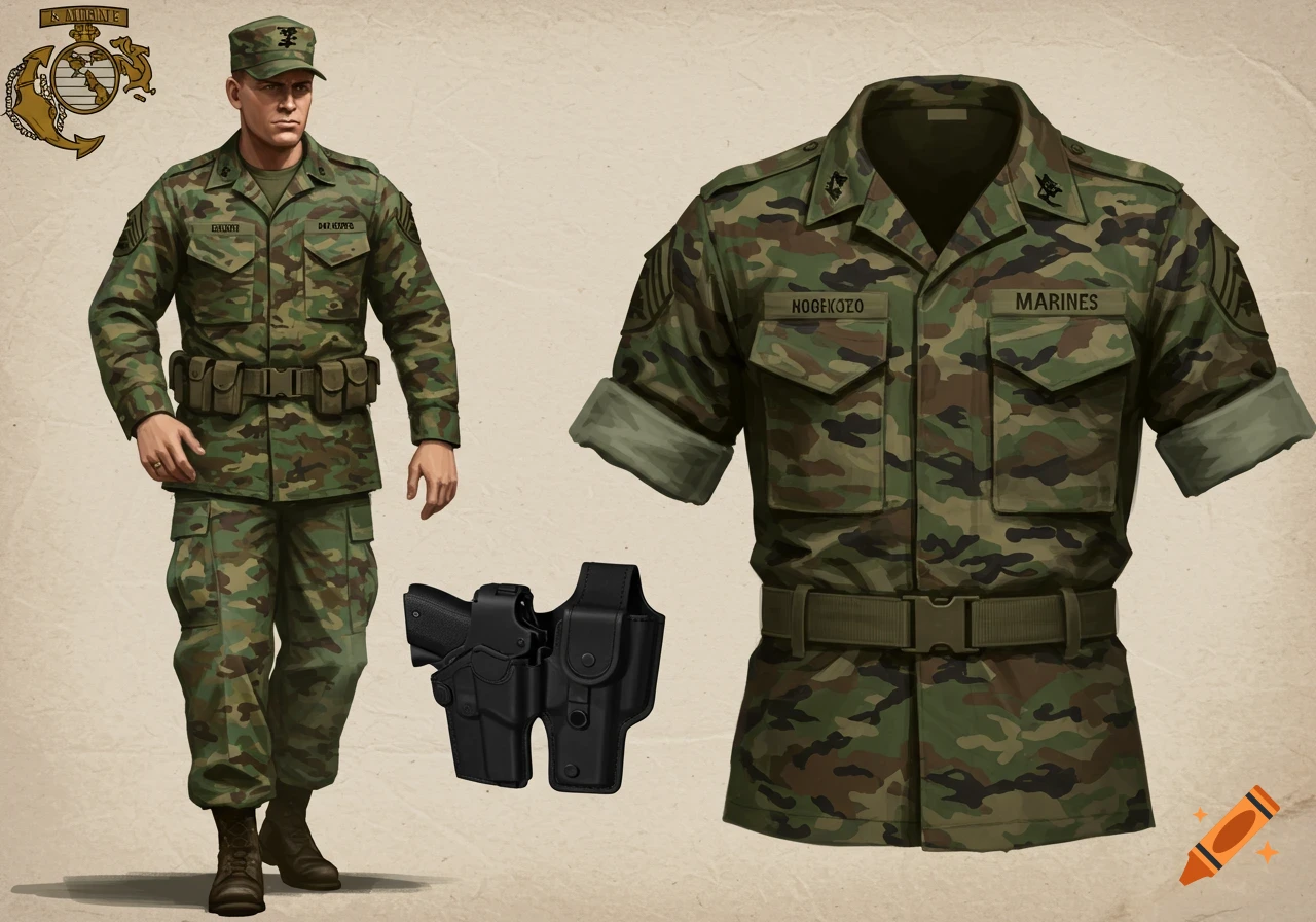 A detailed concept art of a male soldier in a US Marine Corps camouflage uniform, with a separate uniform top and pistol holsters.