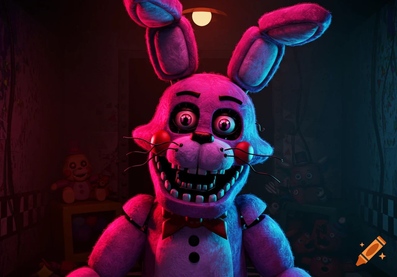 A creepy pink and blue animatronic bunny with glowing eyes and wide grin in a dark room with other animatronics.