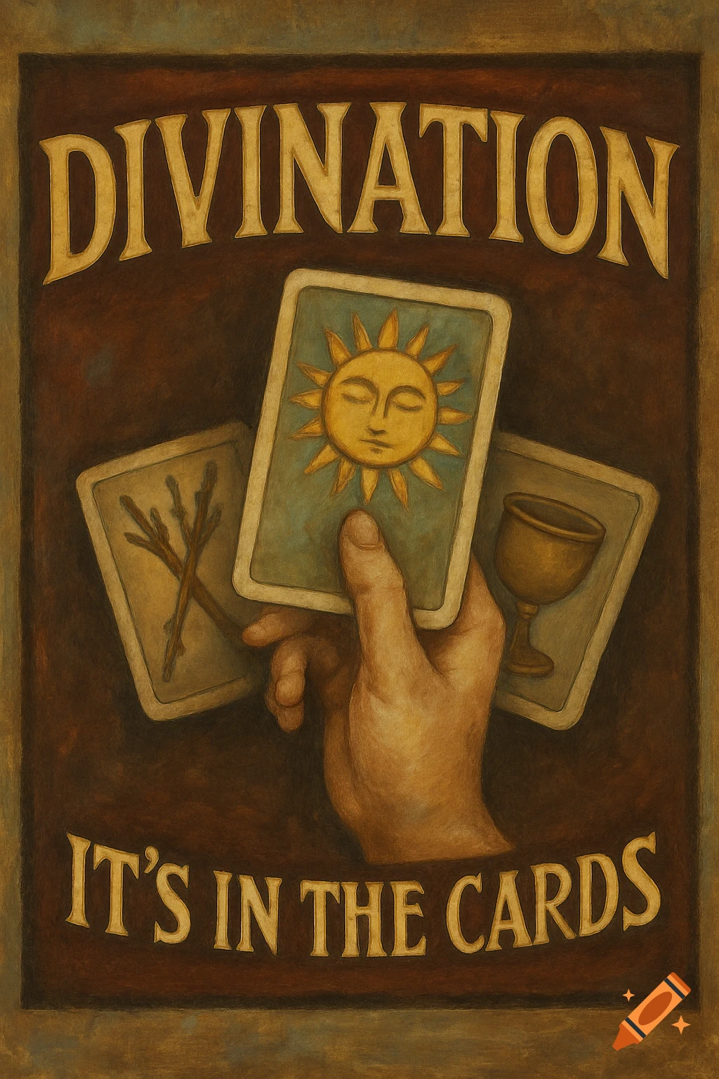 An aged sign with 'DIVINATION - IT'S IN THE CARDS' featuring a hand holding three tarot cards in a vintage art style.