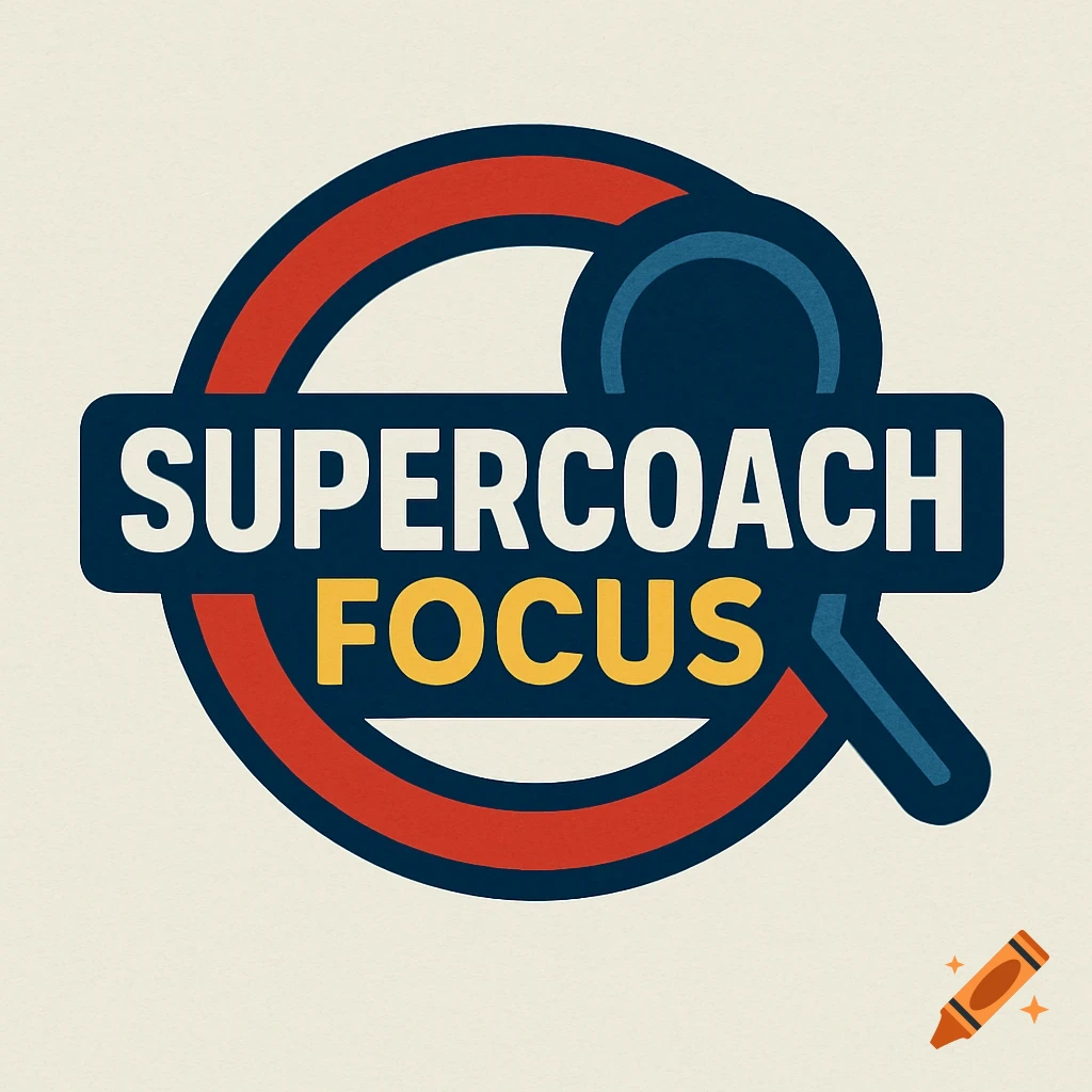 Logo with the words SUPERCOACH FOCUS in a blue banner, above a yellow FOCUS, with a red circular outline and a blue magnifying glass.