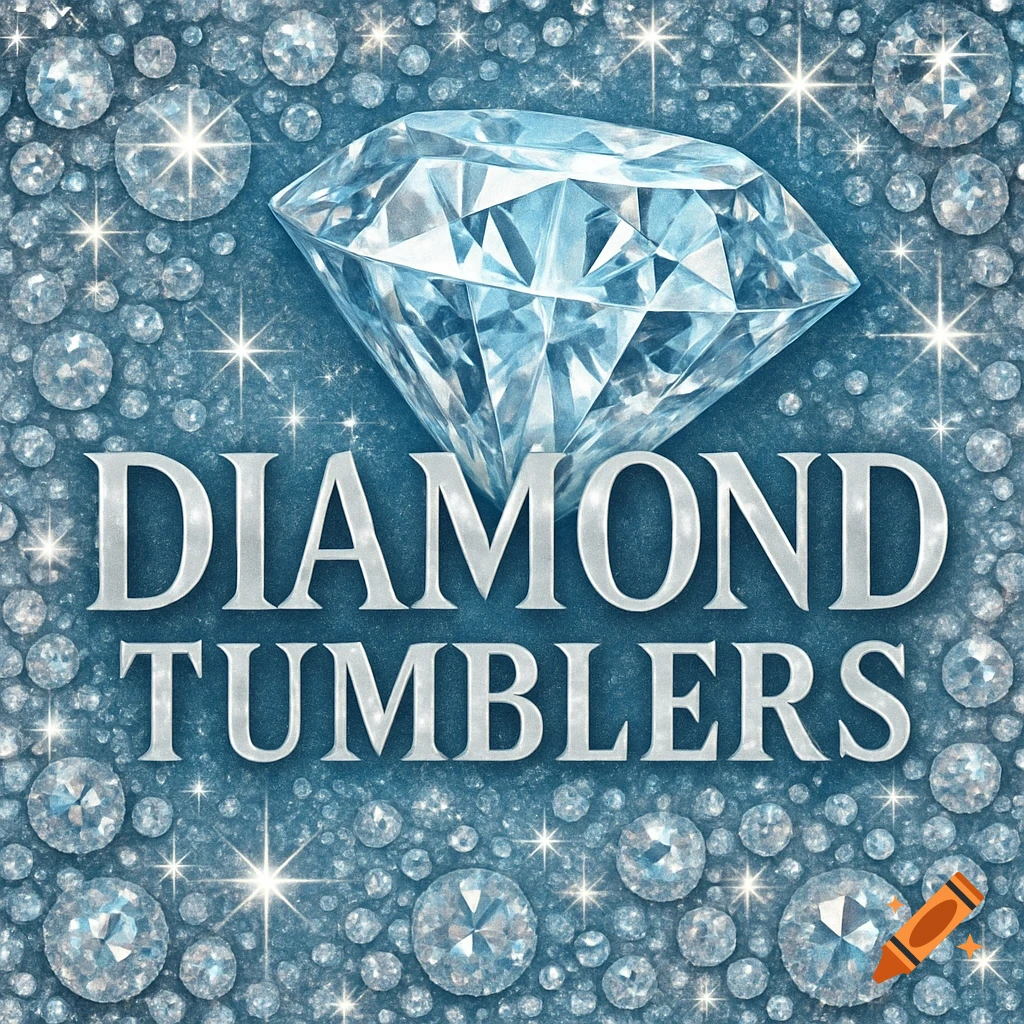 A large faceted diamond above 'DIAMOND TUMBLERS' text, surrounded by smaller sparkling diamonds on a blue background.