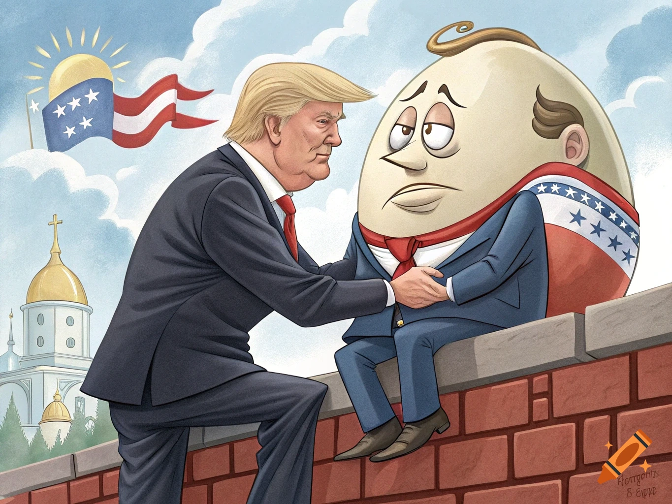 Cartoon of Donald Trump comforting a sad Humpty Dumpty, who wears a suit and an American flag sash, on a brick wall. A church and a patriotic flag are in the background.
