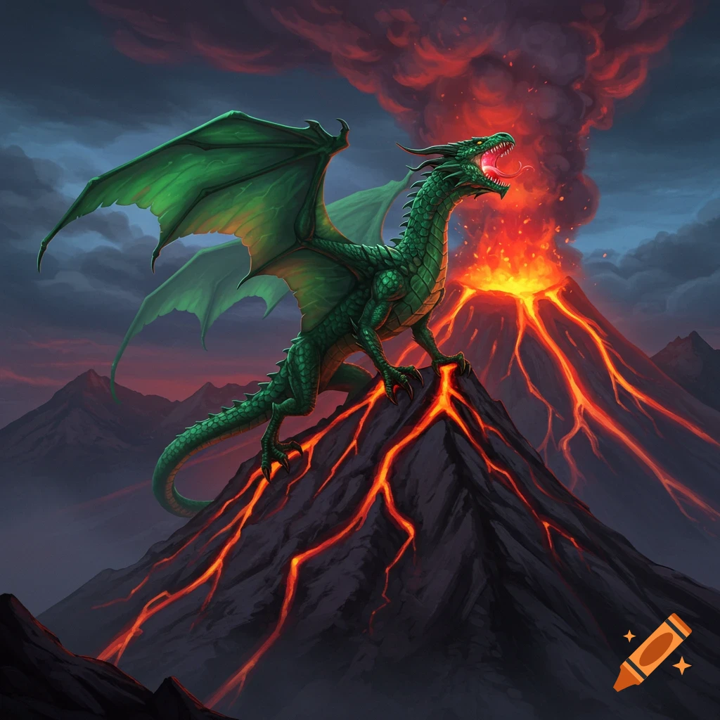 A vibrant green dragon roars atop a fiery, erupting volcano, with lava streams flowing down its sides under a dark, cloudy sky.