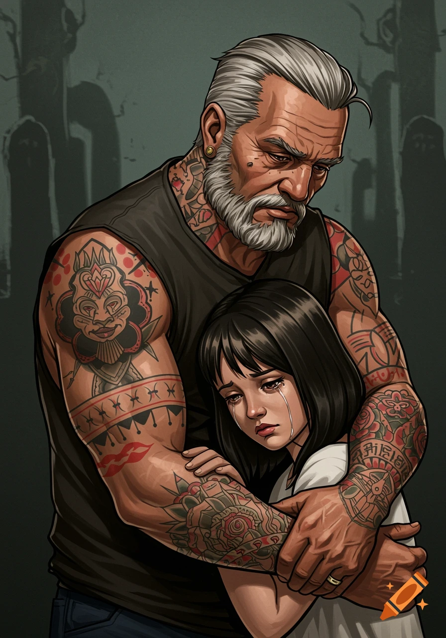 A heavily tattooed man with a beard embraces a crying young girl in an illustration style, with a dark, somber background.