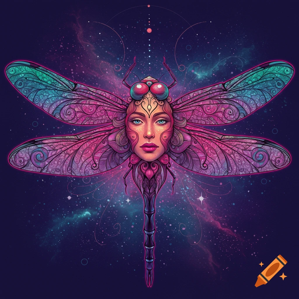 A psychedelic dragonfly with a detailed female face integrated into its body, set against a vibrant cosmic background with stars and nebulae.