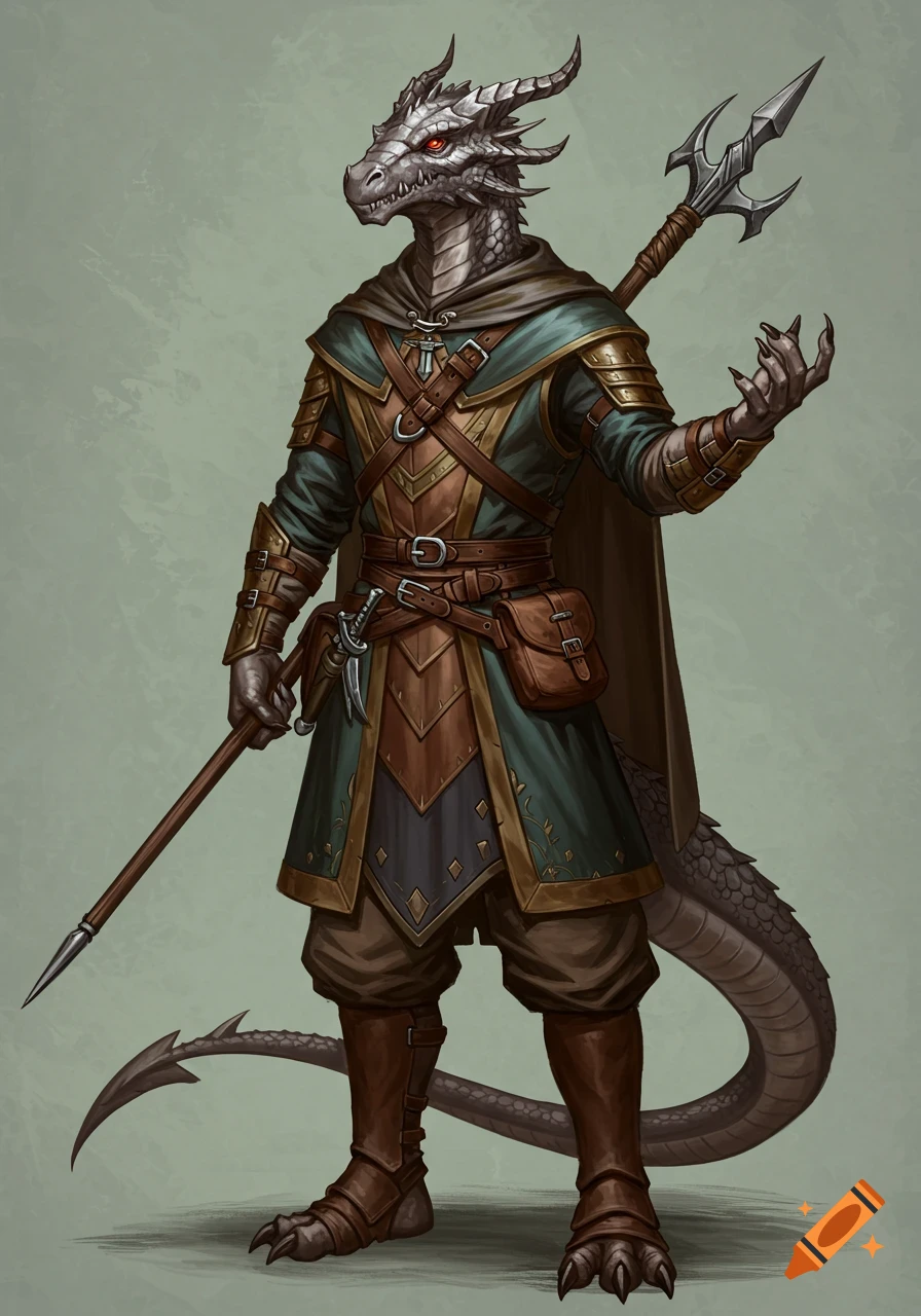 A silver dragonborn character in ornate brown and teal armor, holding a staff, stands with an open hand, a long tail visible.