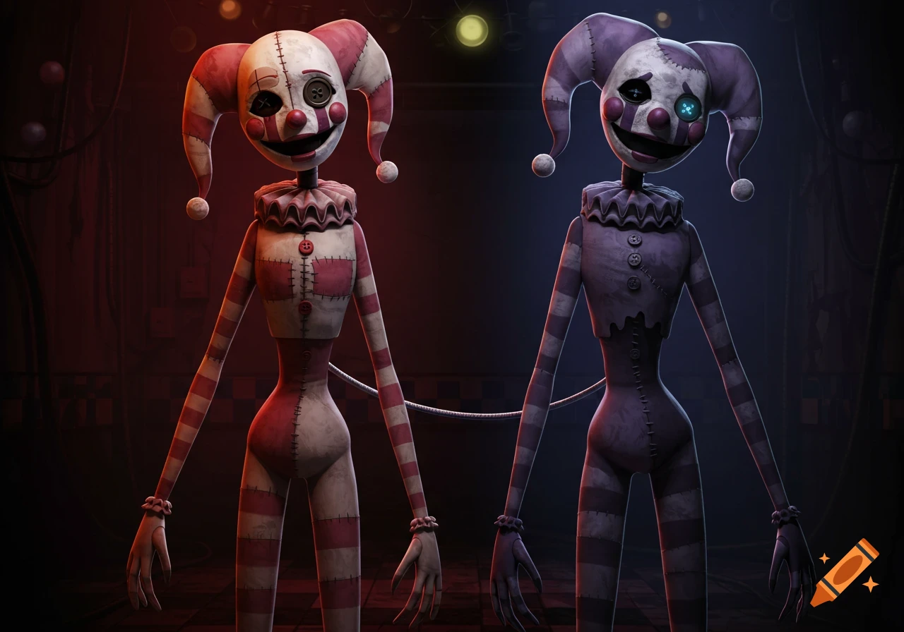 Two creepy, lanky animatronic clowns, one red and white, one purple and grey, stand in a dimly lit, dark room with wires.