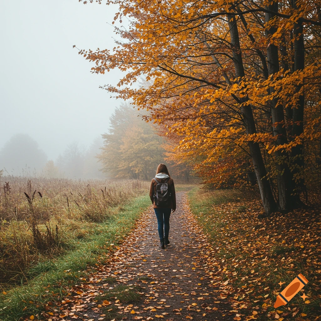 Person walking on a leaf-covered path through a misty autumn forest.