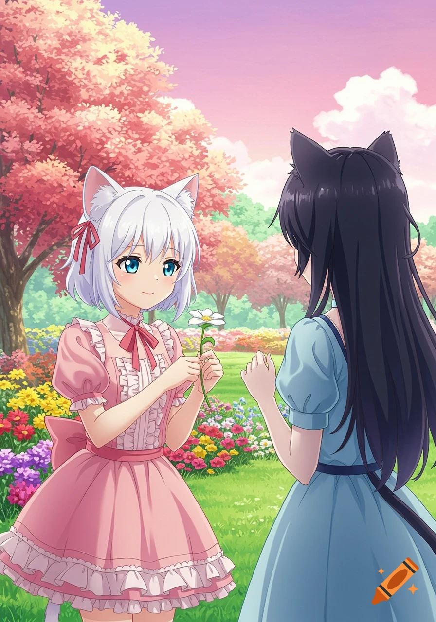 An anime catgirl with white hair offers a flower to a black-haired catgirl in a vibrant garden scene.