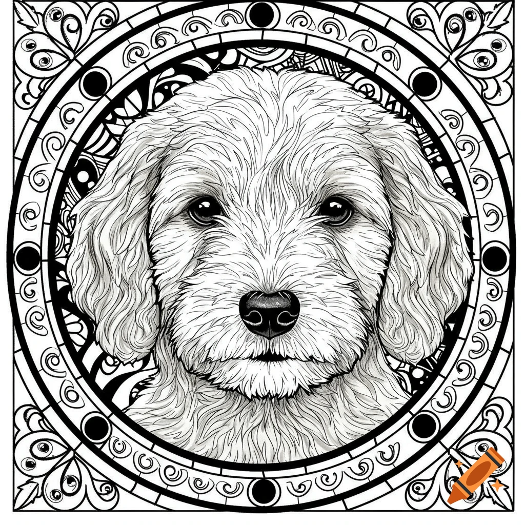 A black and white line art drawing of a Golden Doodle puppy's face inside an intricate circular mandala frame.
