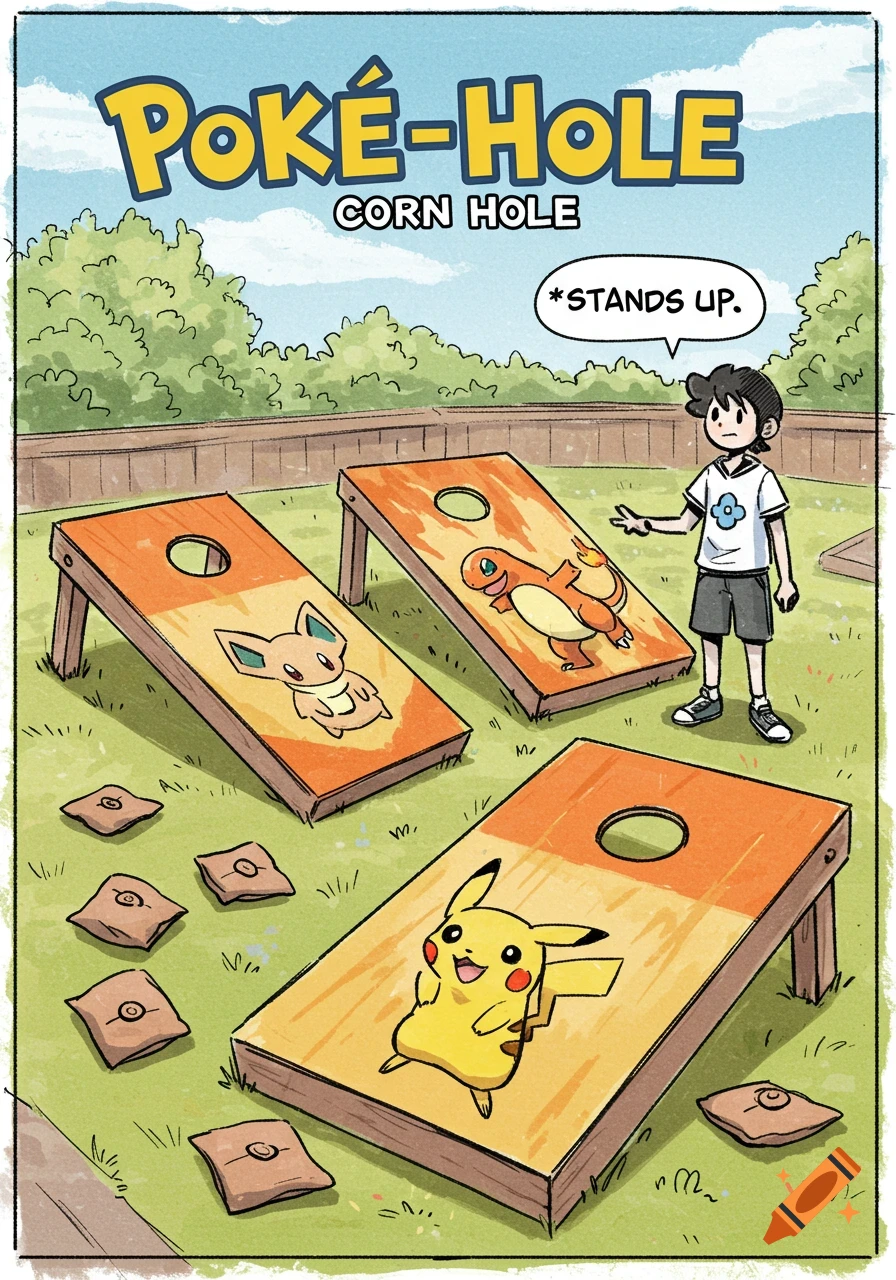 A cartoon illustration shows a boy standing in a grassy backyard, looking at three cornhole boards decorated with Pikachu, Charmander, and Nidoran. Text says "Poké-Hole Corn Hole" and "*STANDS UP.". Cornhole bags are scattered on the grass.