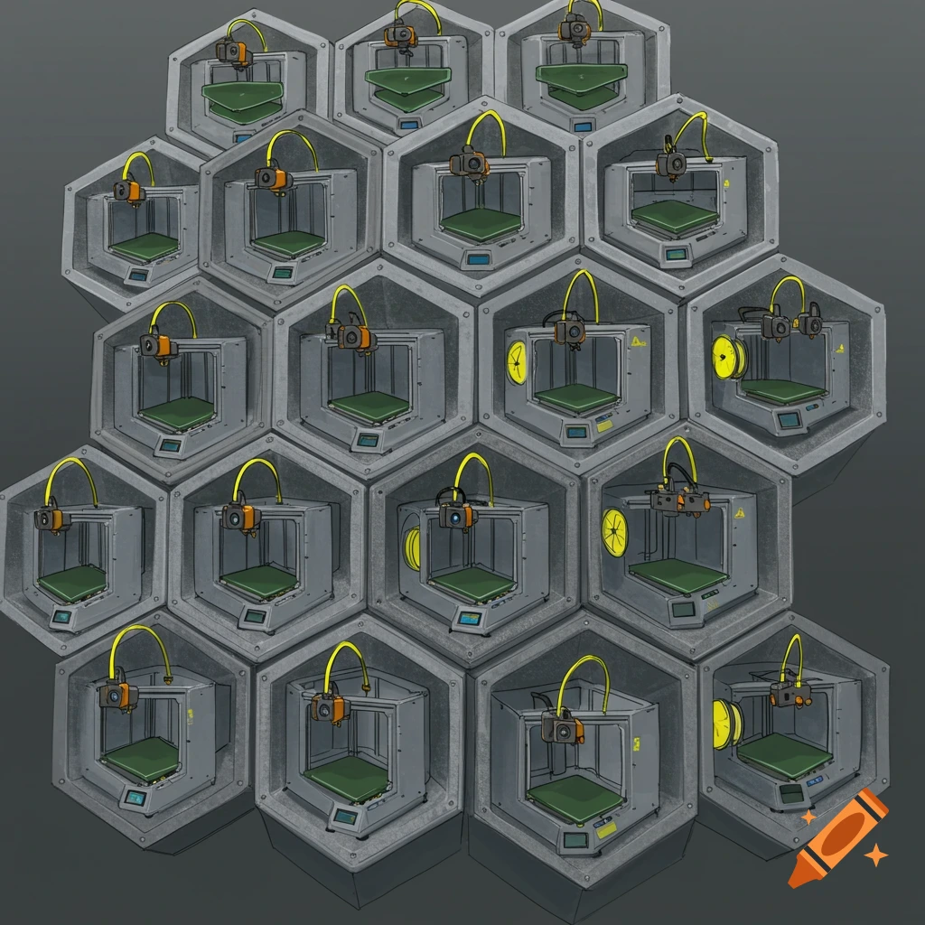 An array of 3D printers enclosed in hexagonal modules, forming a honeycomb-like structure.