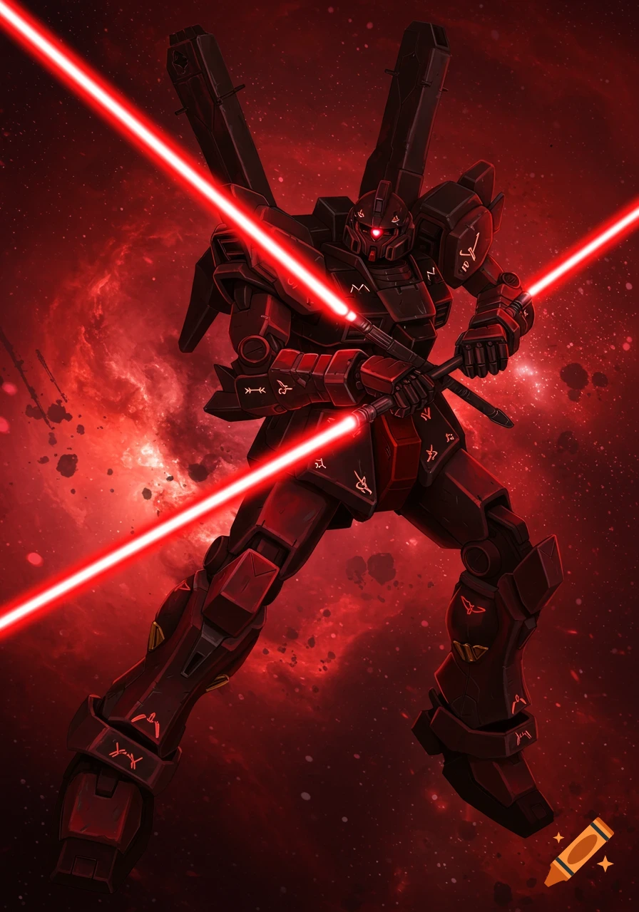 A dark red Tallgeese mech with glowing red eyes, holding two red lightsaber-like weapons against a dramatic red cosmic background.