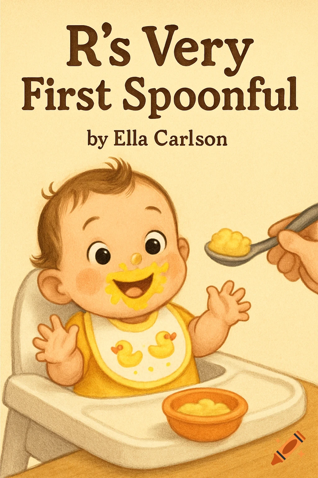 A colorful children's book cover illustration titled 'R's Very First Spoonful', showing a happy baby in a high chair with yellow food smeared on its face, being fed with a spoon.